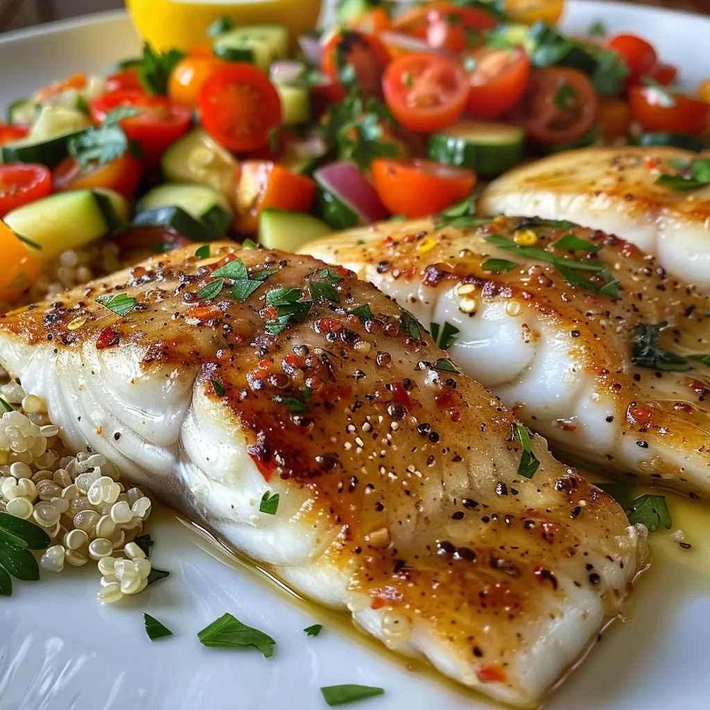 Side view of a plate featuring seared fish with quinoa and diced zucchini.