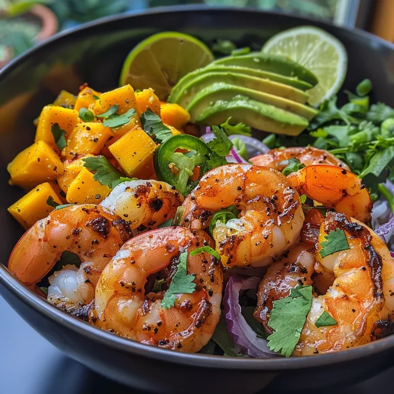 A Culinary Voyage Shrimp and Avocado Bowls Drenched in Tropical Flavor A close-up side view of a shrimp and avocado bowl topped with mango salsa and lime-chili sauce.