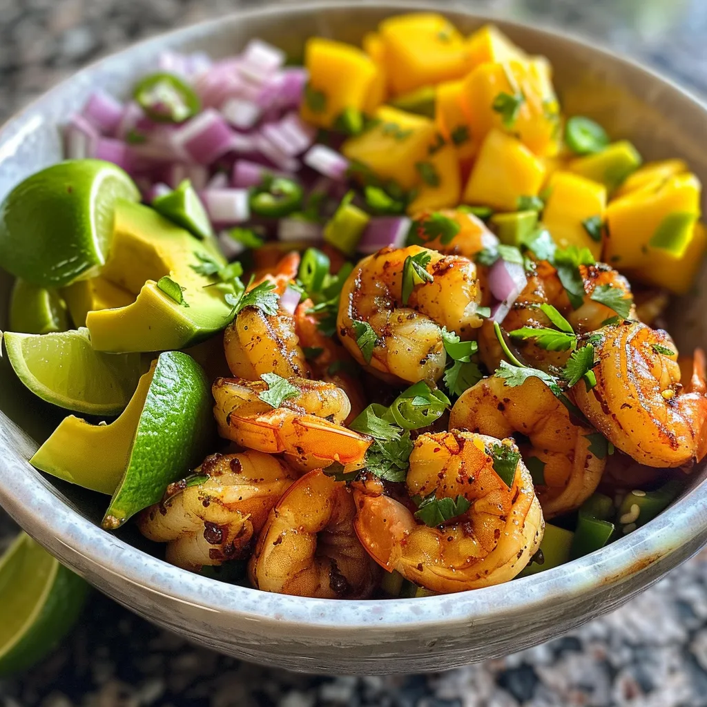 Delicious shrimp and avocado bowl with vibrant mango salsa and a drizzle of lime-chili sauce.