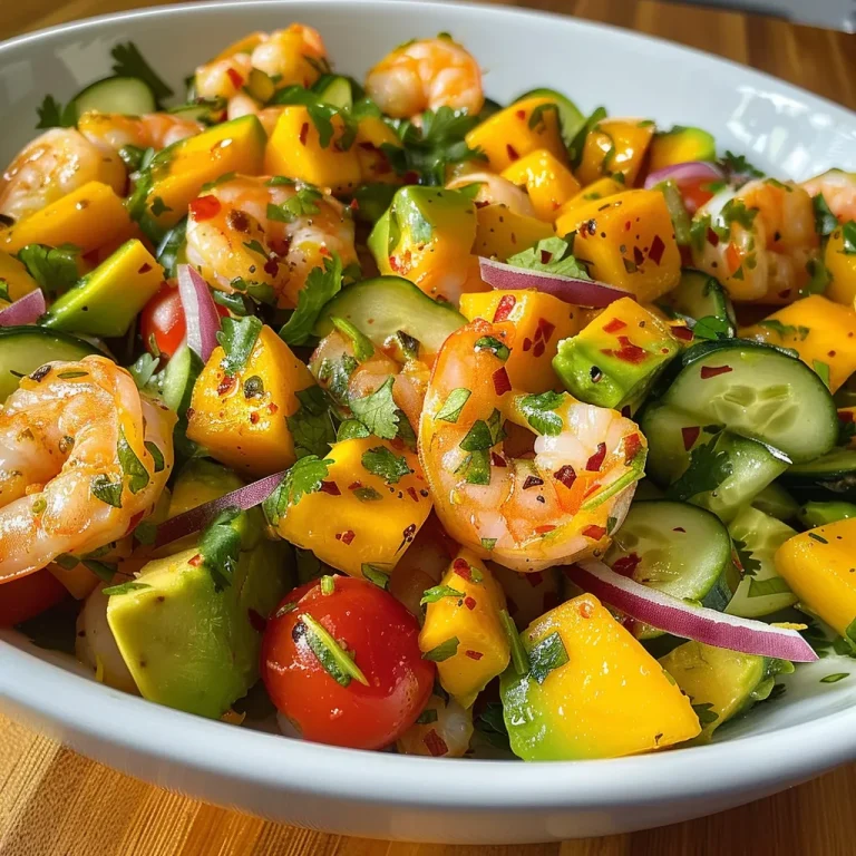 A Tropical Escape on Your Plate Discovering Shrimp Avocado and Mango Salad Close up of a Shrimp Avocado and Mango Salad with vibrant colors and fresh ingredients.