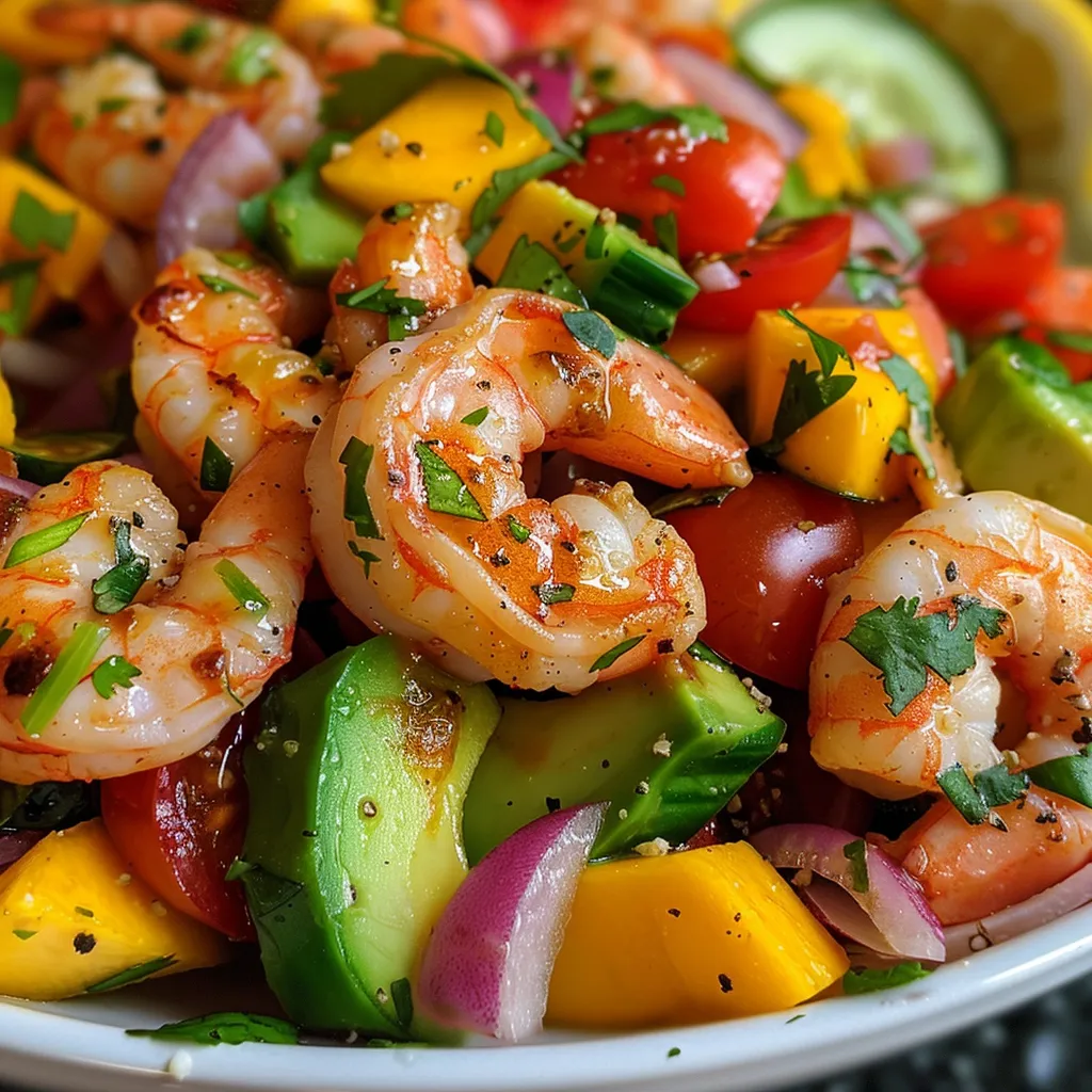 Side view of a colorful salad featuring shrimp, avocado, mango, and cherry tomatoes.
