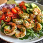 A vibrant shrimp avocado salad featuring bright green avocado cubes and pink shrimp.