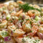 A vibrant close-up of a shrimp salad featuring colorful ingredients like shrimp, celery, and red onion.