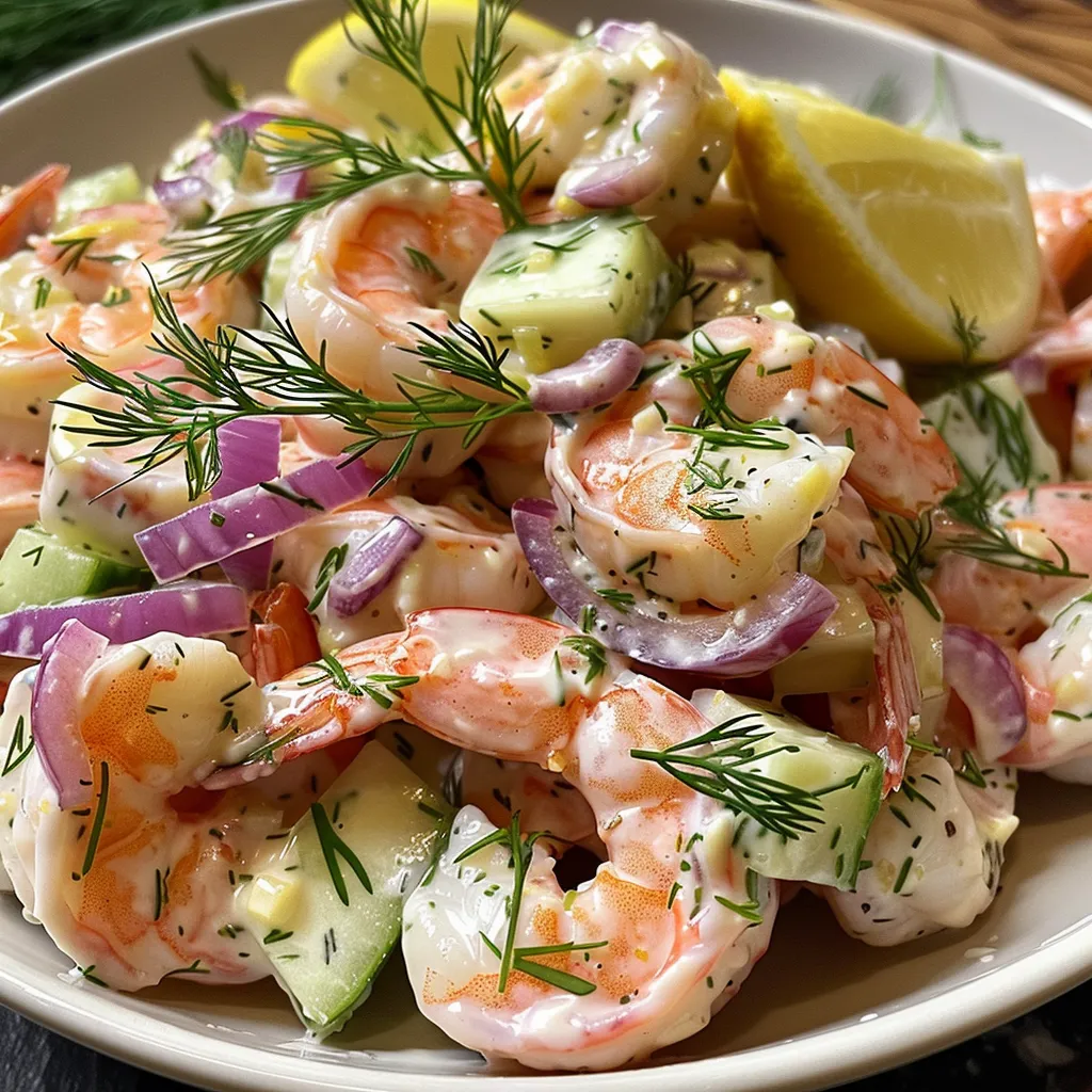 A side view of a fresh shrimp salad, showcasing juicy shrimp mixed with mayo and herbs.