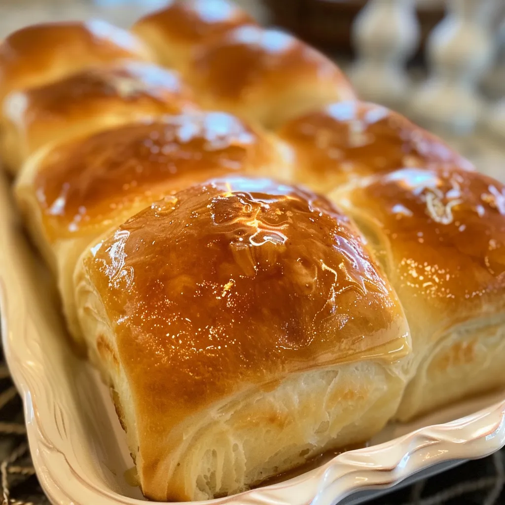 Soft and fluffy honey butter rolls stacked on a plate, showing their rich texture.