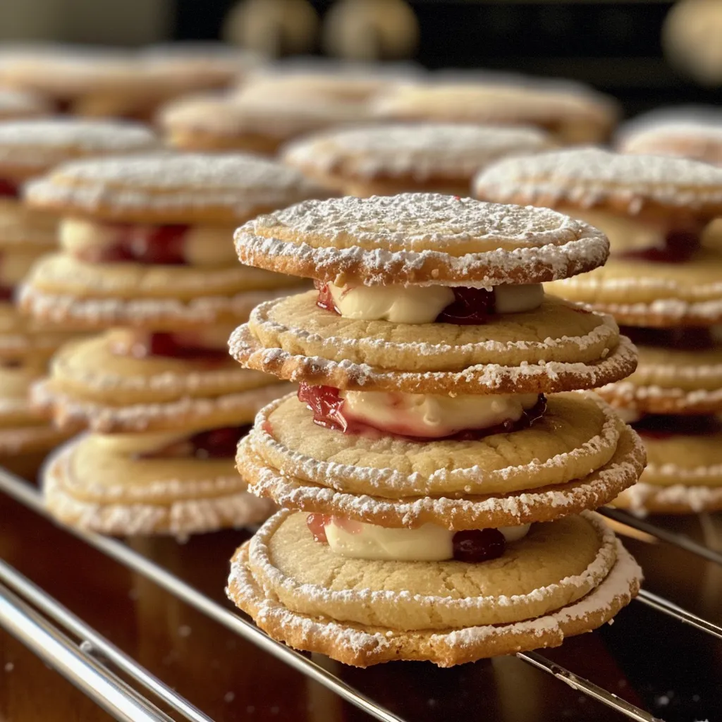Side view of cookies with a white, fluffy appearance and jam filling.