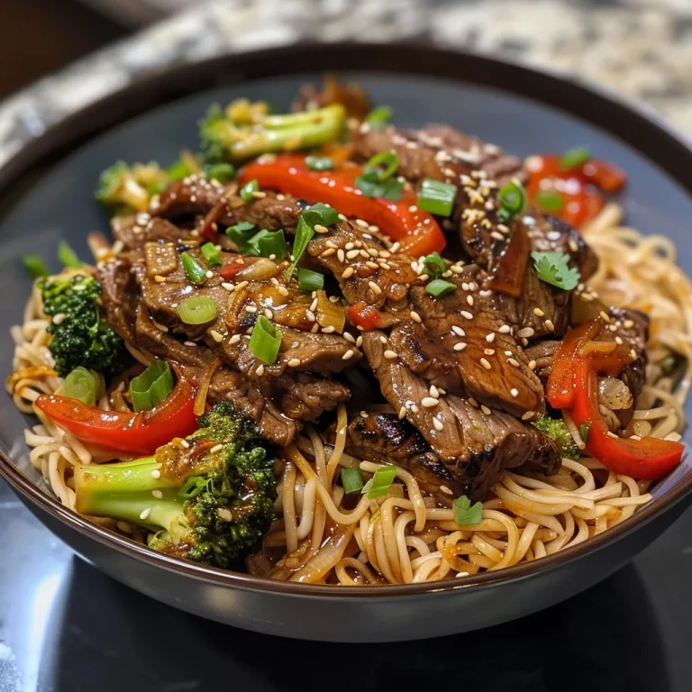 Close-up view of a spicy Asian beef noodle bowl with colorful vegetables.