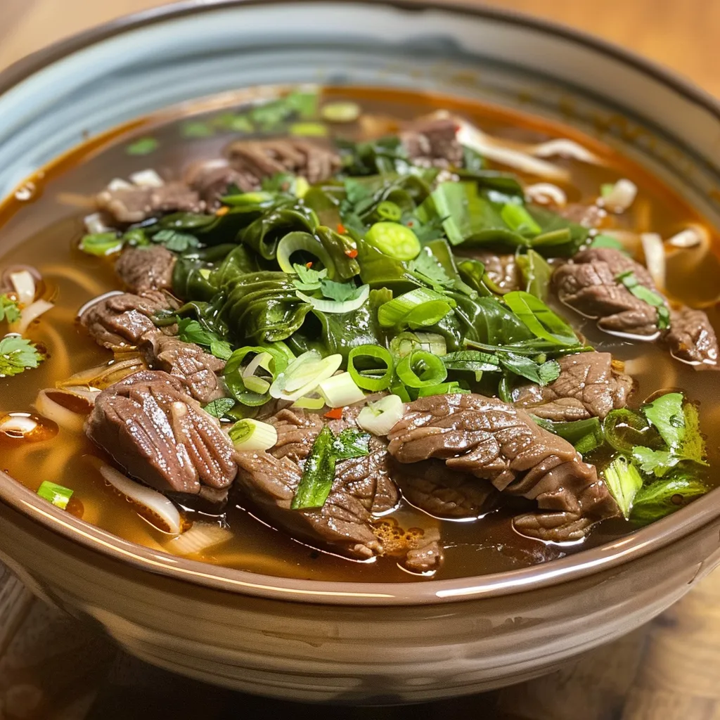 Side perspective of a delicious bowl of Spicy Beef Noodle Soup featuring vibrant greens and noodles.