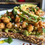 Side view of a delicious Spicy Chickpea Avocado Toast topped with chili flakes.