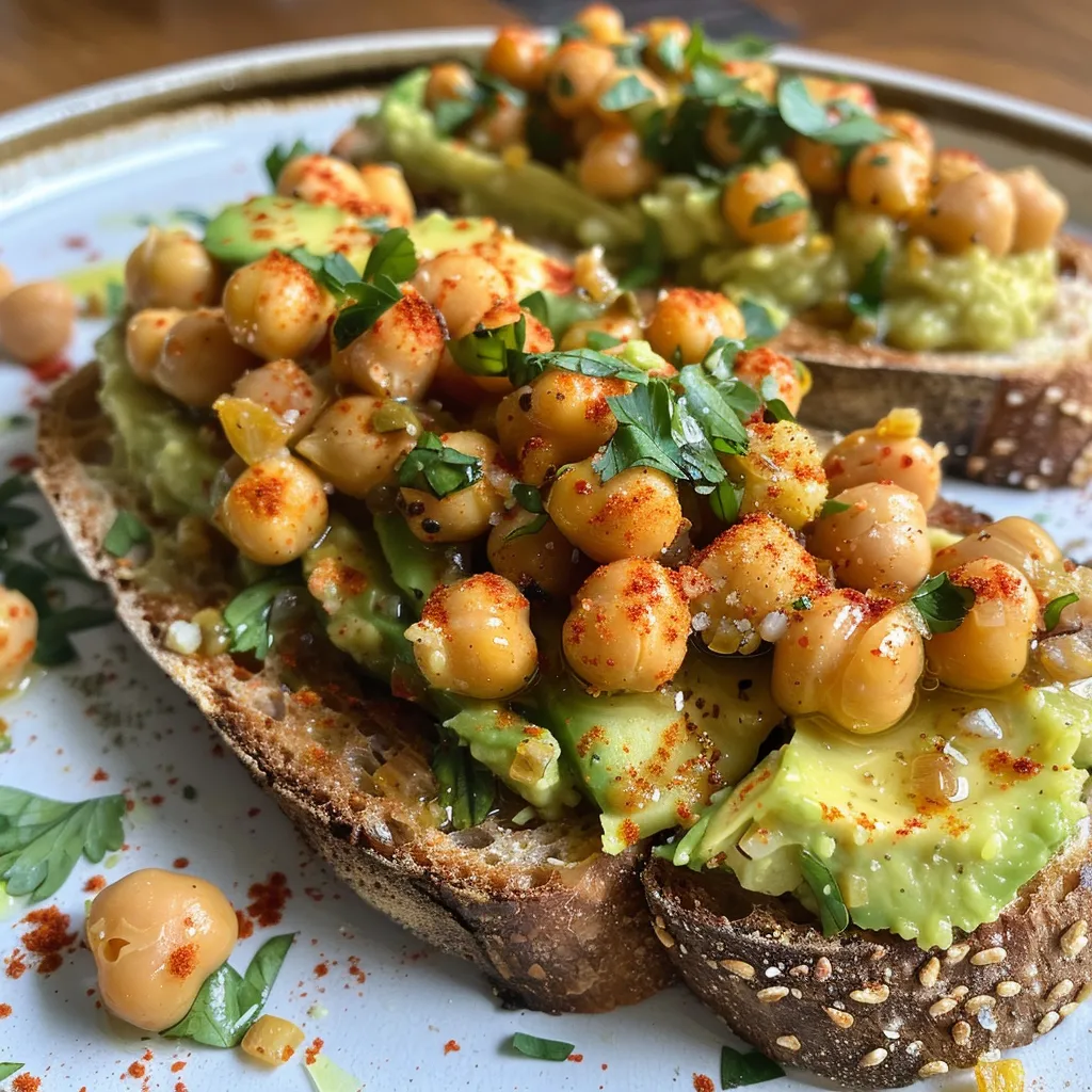 Close-up of Spicy Chickpea Avocado Toast with vibrant green avocado and golden chickpeas.