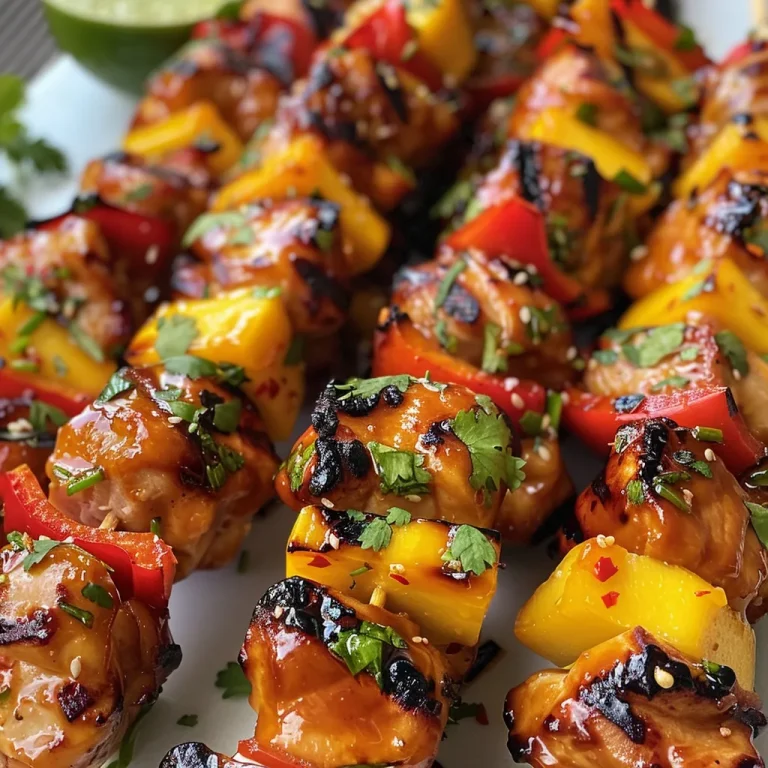 Tasting the Tropics Spicy Honey Garlic Chicken Skewers with a Mango Twist Close-up of Spicy Honey Garlic Chicken Skewers garnished with mango salsa.