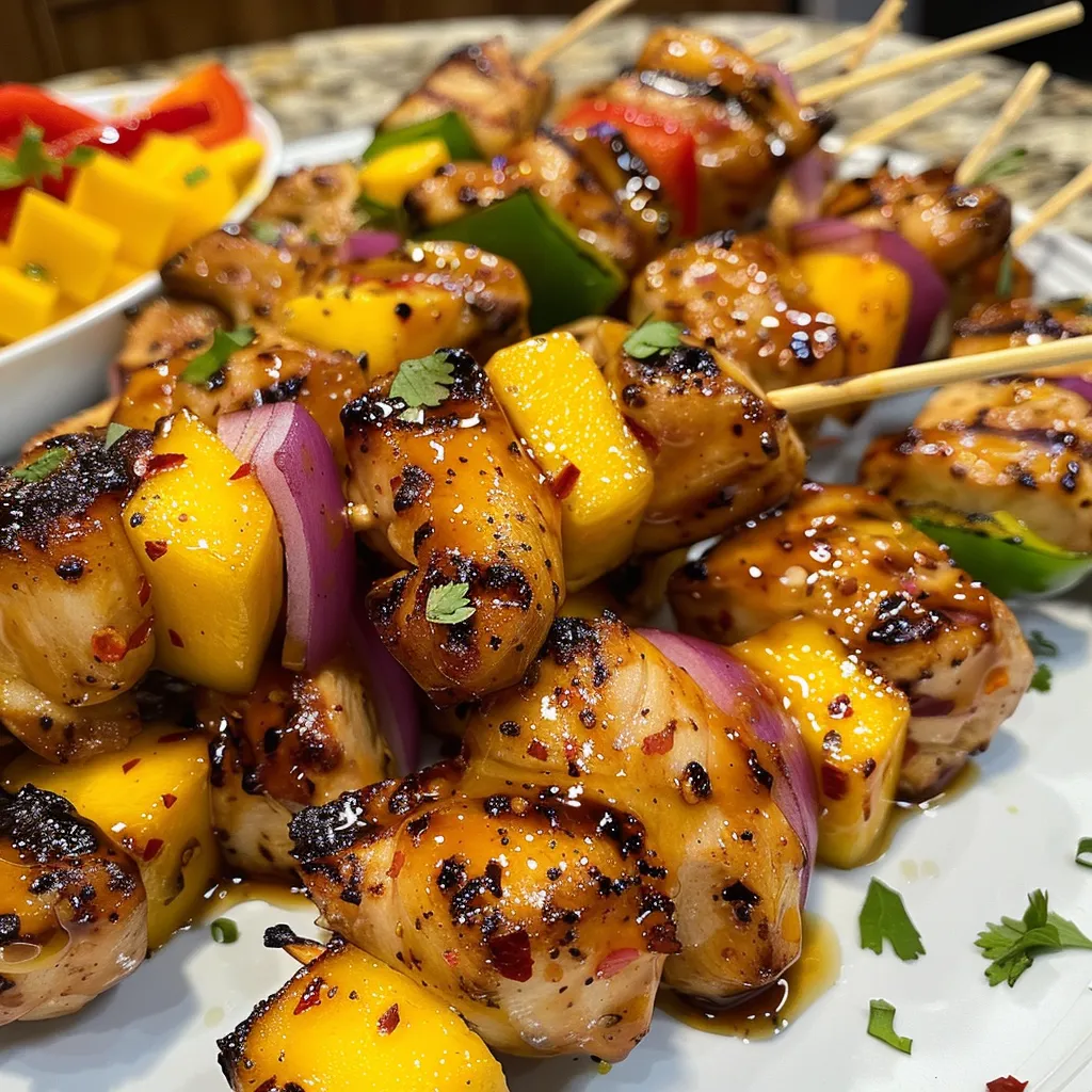 Juicy chicken skewers glistening with honey glaze, alongside vibrant mango salsa.