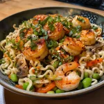 A close-up view of a bowl filled with spicy shrimp noodles, garnished with fresh vegetables.