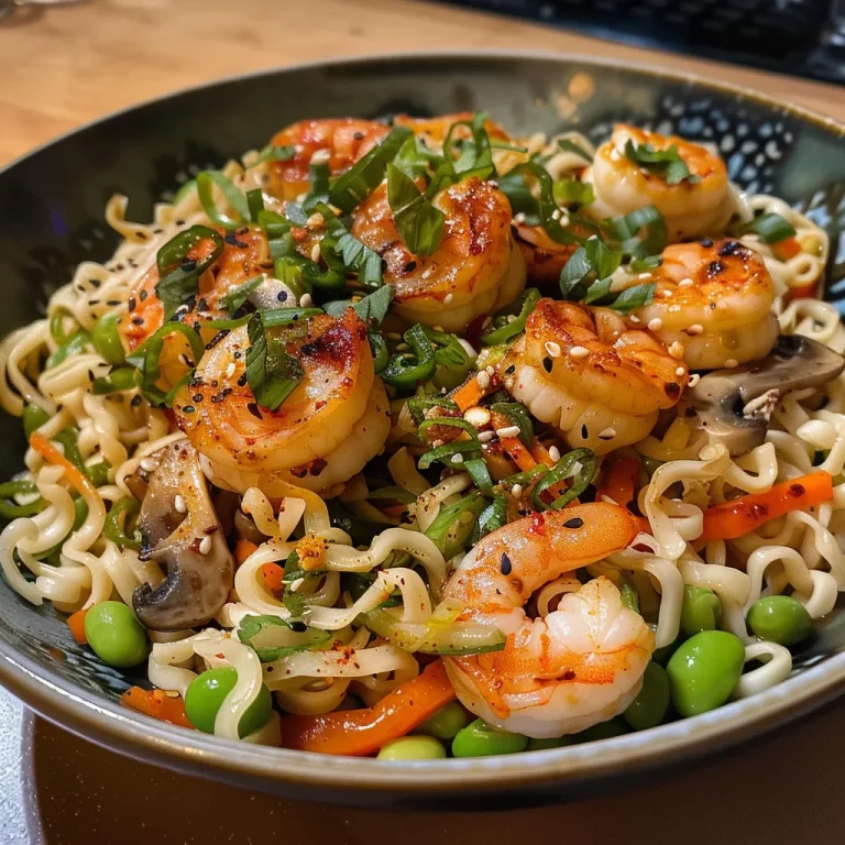 A Culinary Adventure Discovering the Bold Flavors of Spicy Shrimp Noodle Bowls A close-up view of a bowl filled with spicy shrimp noodles, garnished with fresh vegetables.