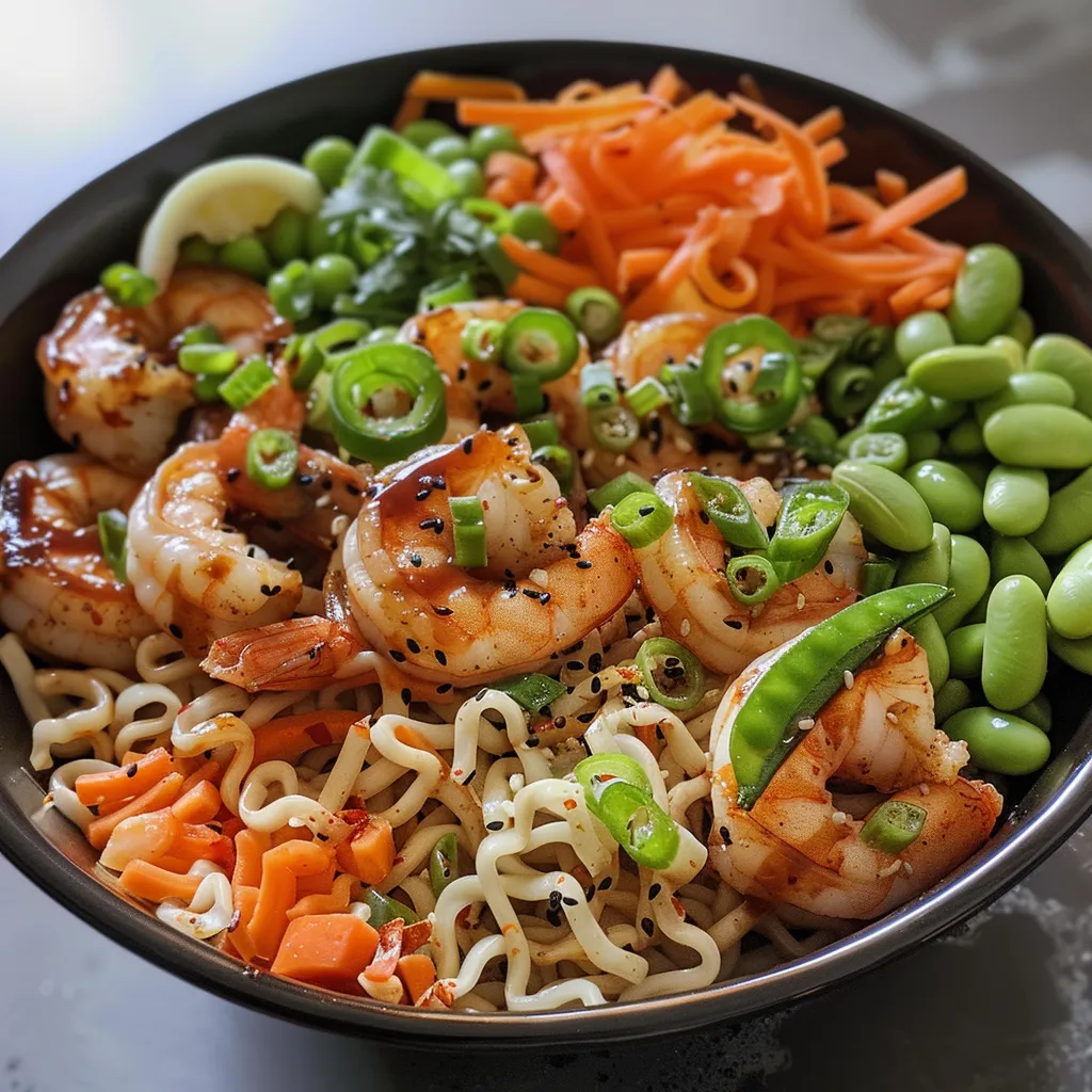 Side view of a vibrant spicy shrimp noodle bowl with colorful ingredients like shrimp, vegetables, and herbs.