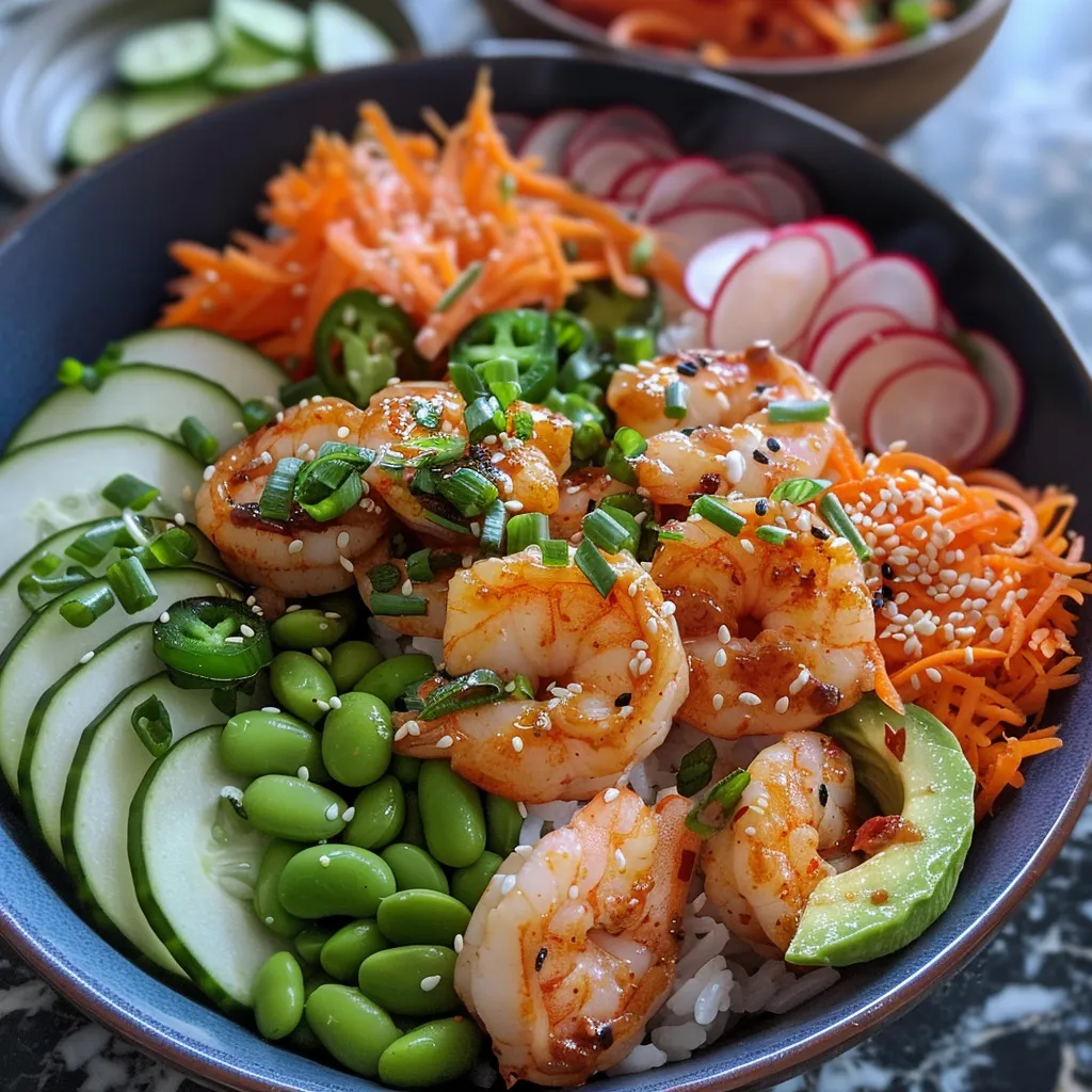 Close-up view of a spicy shrimp rice bowl featuring shrimp and fresh toppings.