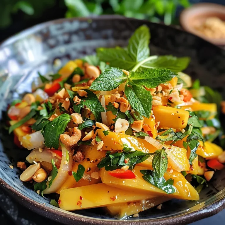 A Zesty Adventure Discovering the Vibrant Flavors of Spicy Thai Green Mango Salad Close-up of Spicy Thai Green Mango Salad with vibrant green mango strips, fresh herbs, and colorful ingredients.