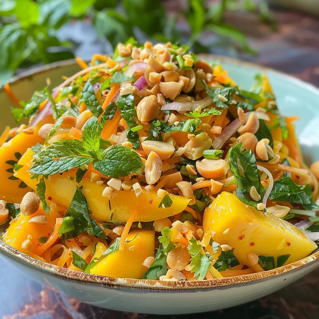 Side view of a bowl filled with Spicy Thai Green Mango Salad showcasing mango, cilantro, and chili.