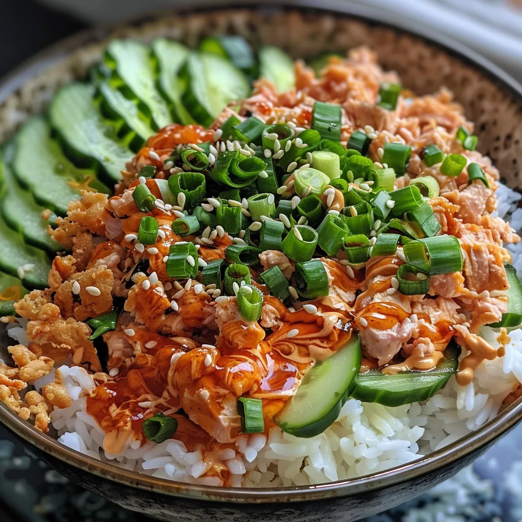 Side view of a delicious spicy tuna rice bowl with fresh vegetables and toppings.