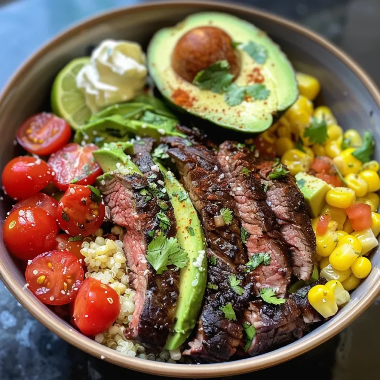 Culinary Journeys The Steak Avocado Bowl That Takes You on a Flavor Adventure A close-up side view of a vibrant steak, avocado, and corn bowl topped with cilantro cream sauce.