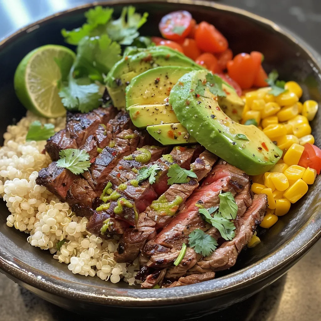 A colorful bowl featuring juicy steak, diced avocado, roasted corn, and fresh cherry tomatoes.