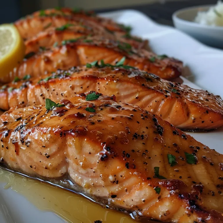 A Culinary Voyage Discovering the Magic of Sticky Garlic Butter Salmon Juicy salmon fillets glistening with a sticky garlic butter glaze.