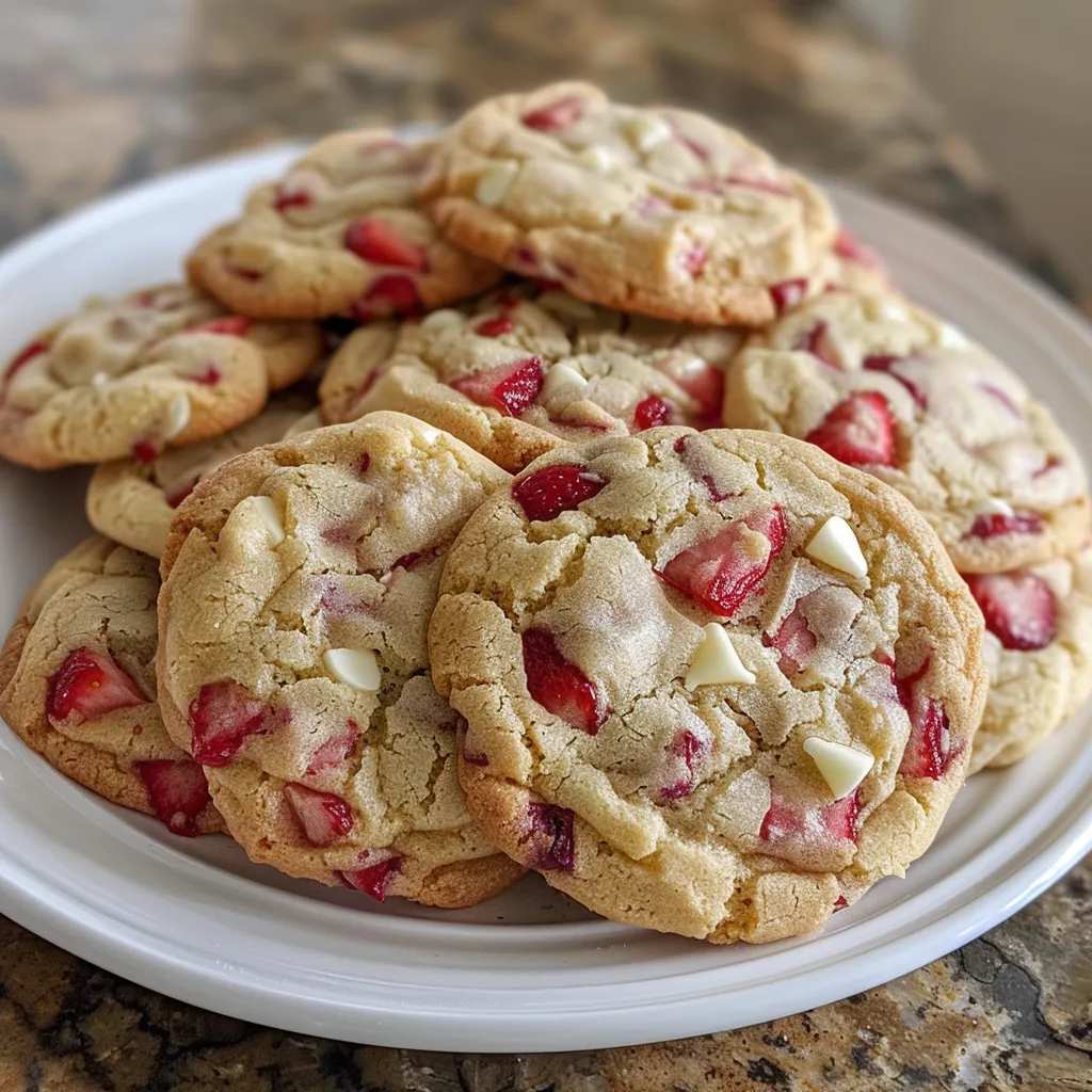 Juicy strawberries and white chocolate chips in cookies, captured from the side.