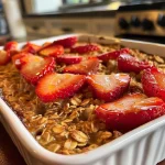 Close-up of Strawberry Baked Oatmeal with sliced strawberries and walnuts.