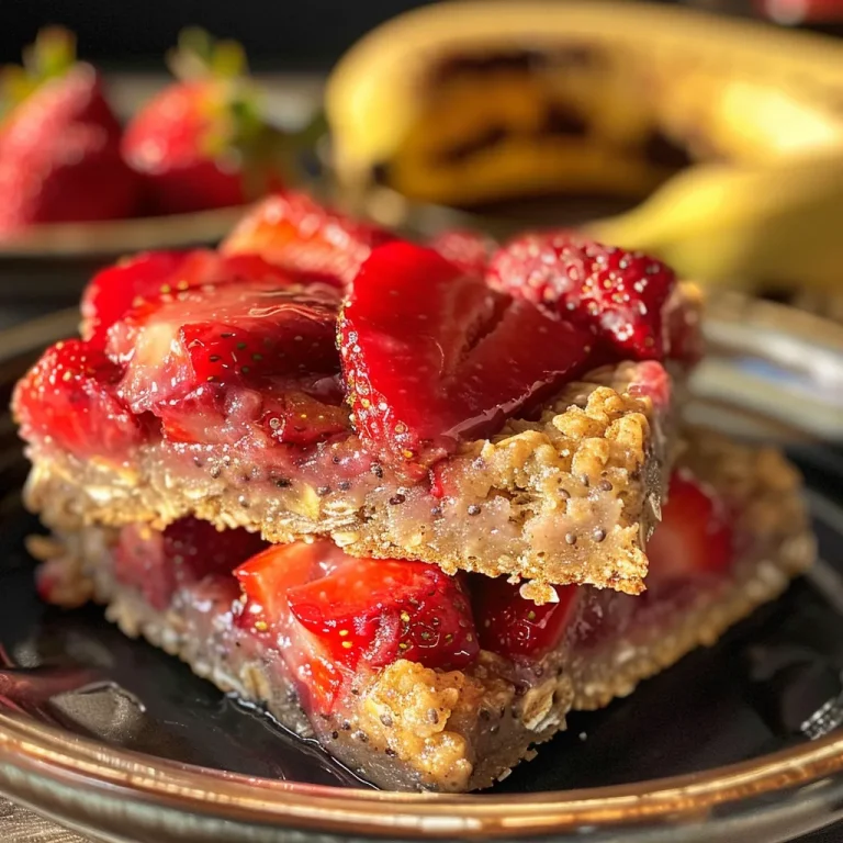 Sweet Adventures Discovering the Joy of Strawberry Banana Oat Bars A side view of freshly made Strawberry Banana Oat Bars with a vibrant red and yellow color.