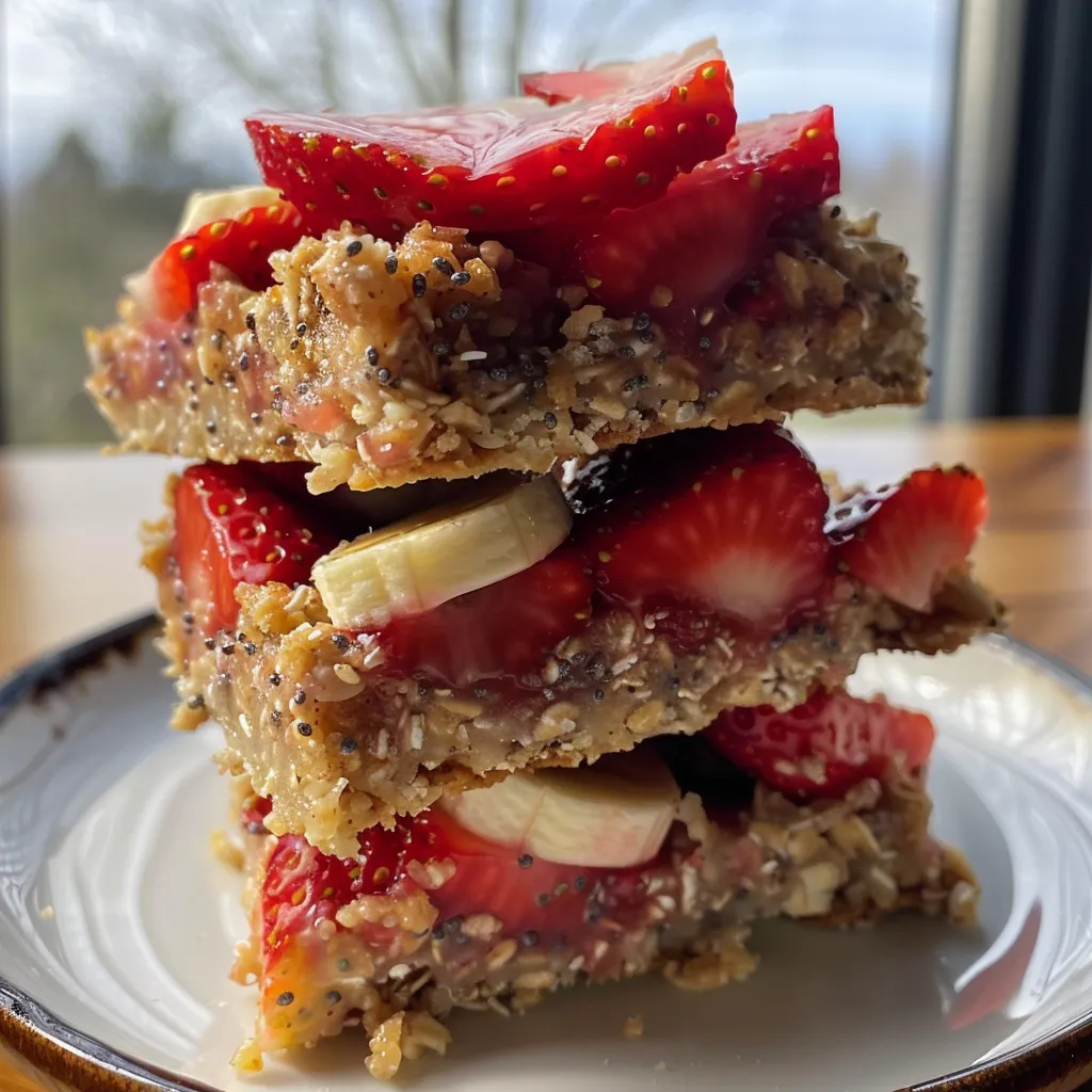 Juicy Strawberry Banana Oat Bars shown in a close-up, highlighting their chewy texture and fruity appearance.