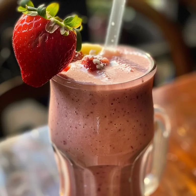 A Taste of Adventure Sipping on a Strawberry Banana Protein Smoothie A close-up view of a thick, creamy strawberry banana protein smoothie in a glass, garnished with fresh strawberries.