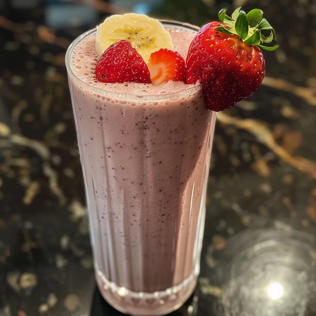 Side view of a vibrant strawberry banana protein smoothie in a clear glass, showcasing its creamy texture and fruit details.