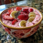A close-up side view of a vibrant strawberry banana smoothie bowl topped with fresh fruit and seeds.