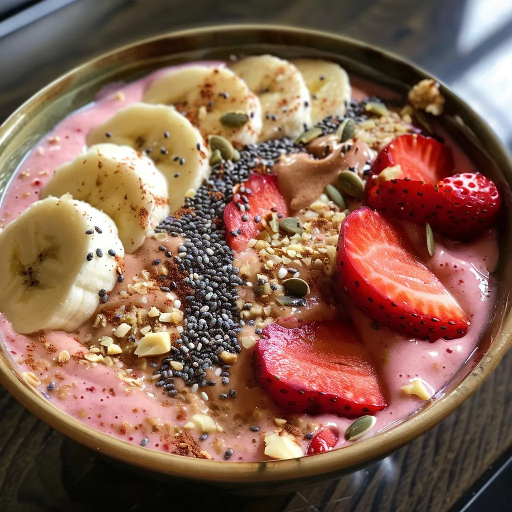 A mouth-watering strawberry banana smoothie bowl in a bowl, showcasing a creamy texture and colorful toppings.
