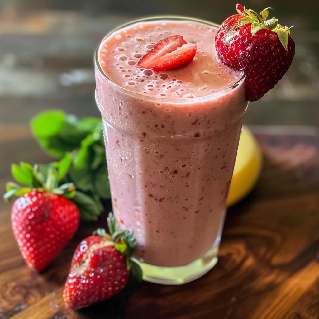 Side shot of a creamy strawberry banana smoothie served in a clear glass, garnished with strawberries.