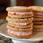 Close-up side view of strawberry cream sandwich cookies with a creamy filling.