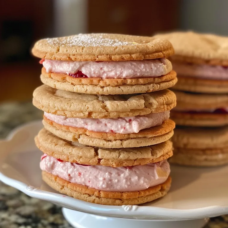 Whisking Memories The Delightful Journey of Strawberry Cream Sandwich Cookies Close-up side view of strawberry cream sandwich cookies with a creamy filling.
