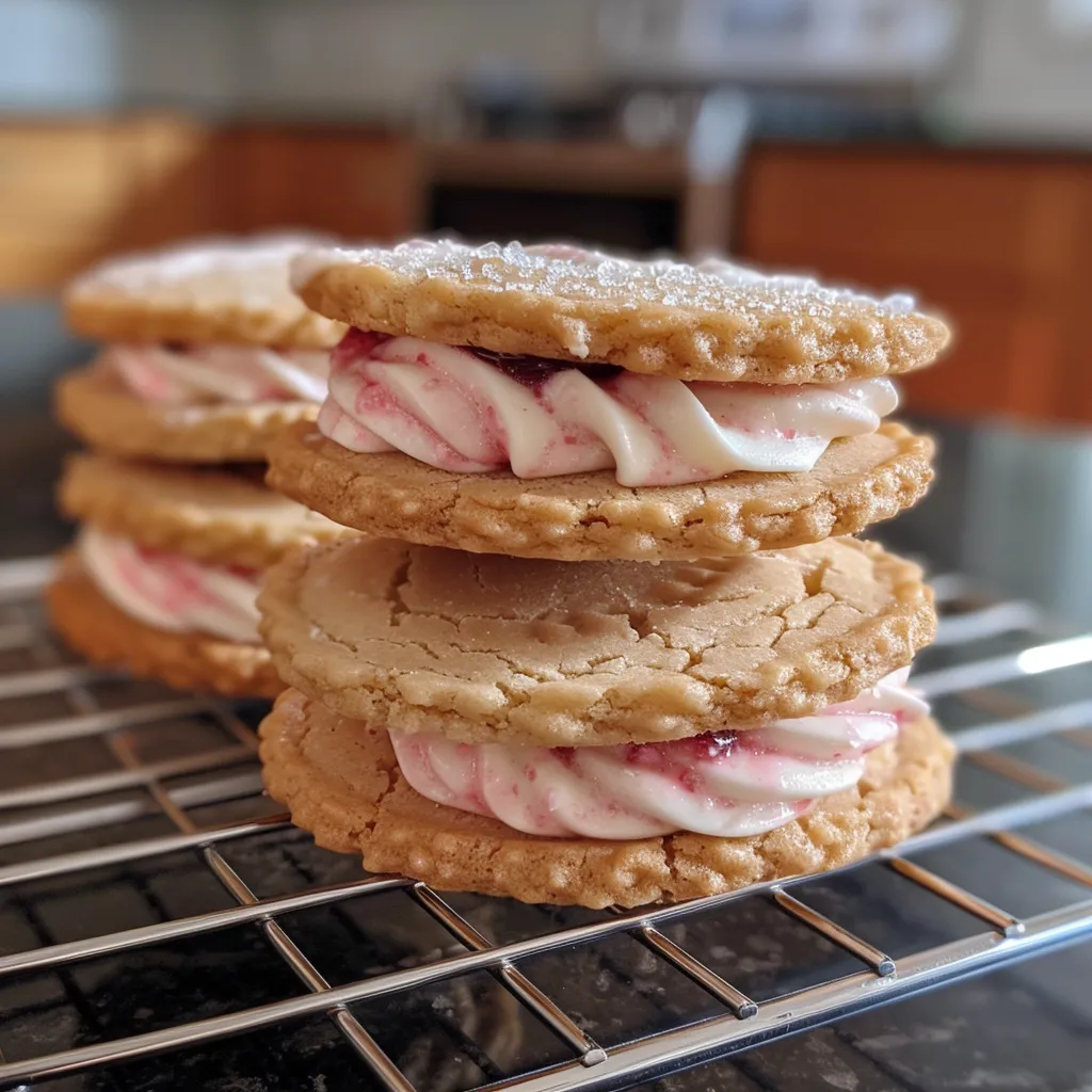 Juicy strawberry cream sandwich cookies displayed with a shiny, white chocolate coating.