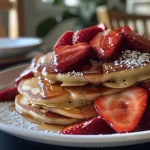 Close-up of strawberry Greek yogurt pancakes stacked high, topped with fresh strawberries.