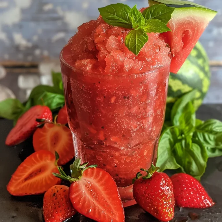 A Refreshing Escape Sipping on Summer with Strawberry Watermelon Slush Close-up view of a refreshing Strawberry Watermelon Slush in a glass, garnished with mint.