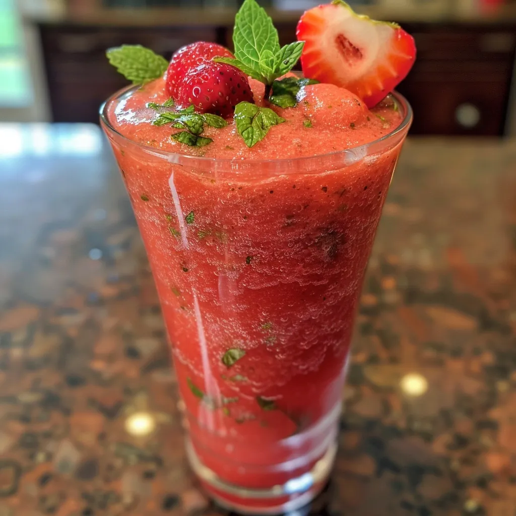 Side angle photo of a vibrant Strawberry Watermelon Slush, showcasing its bright red color.