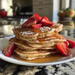 Close-up view of fluffy strawberry yogurt pancakes stacked on a plate.