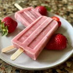 A close-up view of vibrant strawberry yogurt popsicles melting slightly.