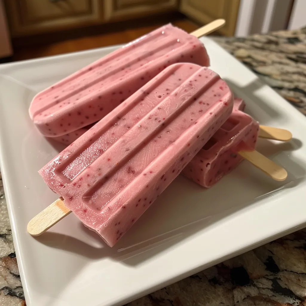 Side view of colorful strawberry yogurt popsicles displayed on a rustic wooden surface.