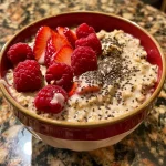 A close-up side view of a pudding pot filled with vibrant summer berries and creamy oats.