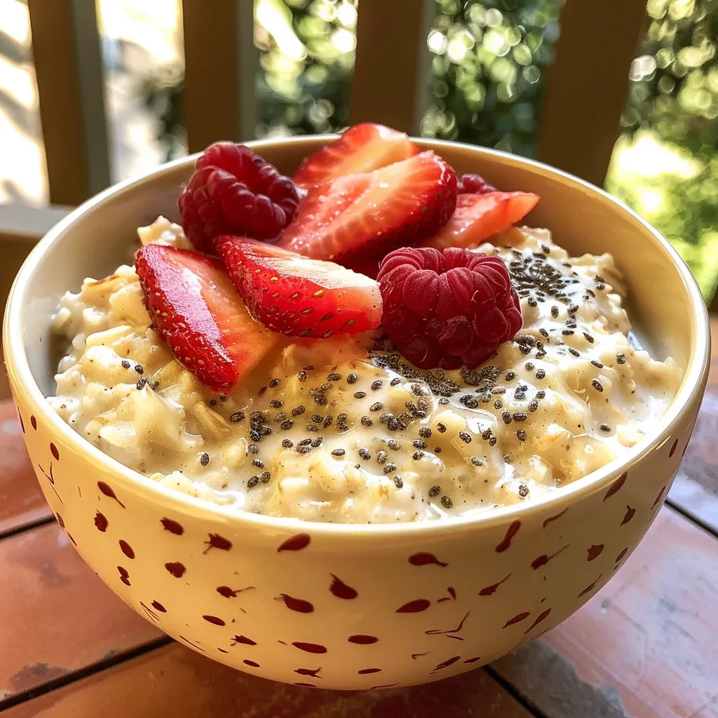 A textured, colorful pudding pot showcasing fresh strawberries and raspberries mixed with creamy oats.