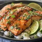 Close-up view of Sweet Chili Salmon on a plate with lime and garnishes.