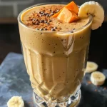 Close-up view of a creamy Sweet Potato and Banana Smoothie in a glass.