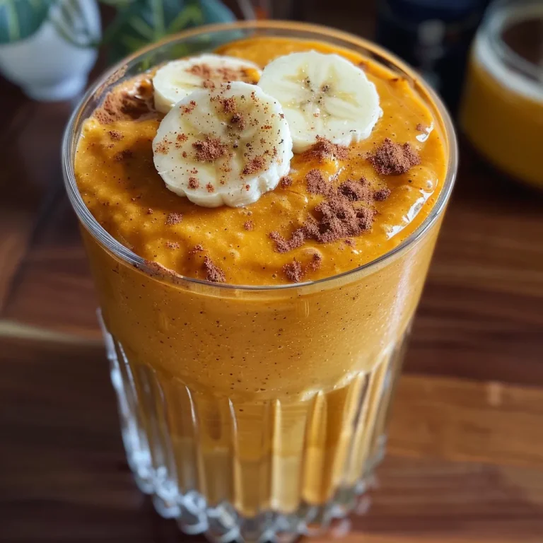 Close-up view of a creamy sweet potato and banana smoothie in a glass, with a straw.