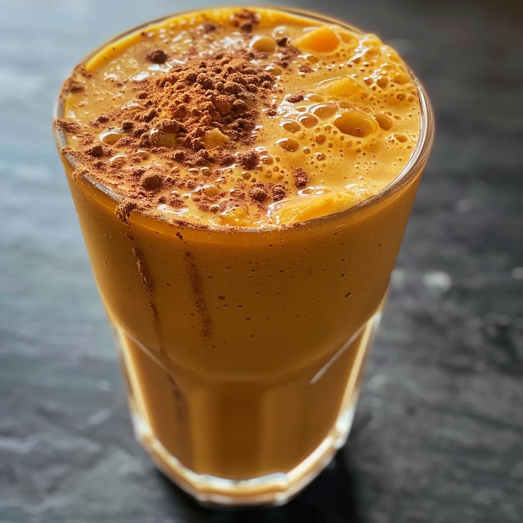 Side view of a delicious smoothie made with sweet potato and banana, vibrant in color.